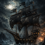 Jimmys Piratenschiff mit schwarzen Segeln und Totenkopf auf dem Segeltuch, im Sturm vor Mondlicht unter Gewitterwolken auf hoher See.