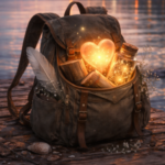 Brauner Rucksack mit leuchtendem Herz, Feder und Büchern im Inneren am Ufer bei Sonnenuntergang; inspiriert von Eve, Fortuna und Koblenz.
