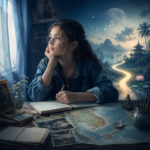Gedankenverloren sitzt ein Mädchen am Schreibtisch mit Tagebuch und Karten, während draußen eine traumhafte Vietnam-Landschaft mit Musiknoten erscheint.