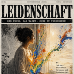 Eine nachdenkliche Frau schreibt am Fenster, während bunte Farbspritzer Kreativität, Leidenschaft und Freiheit betonen.